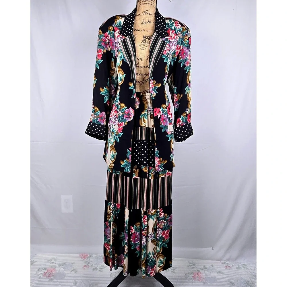 Gorgeous Vintage Carole Little Floral Mixed Print Set Blazer 10 Maxi Skirt 8 - Picture 5 of 16